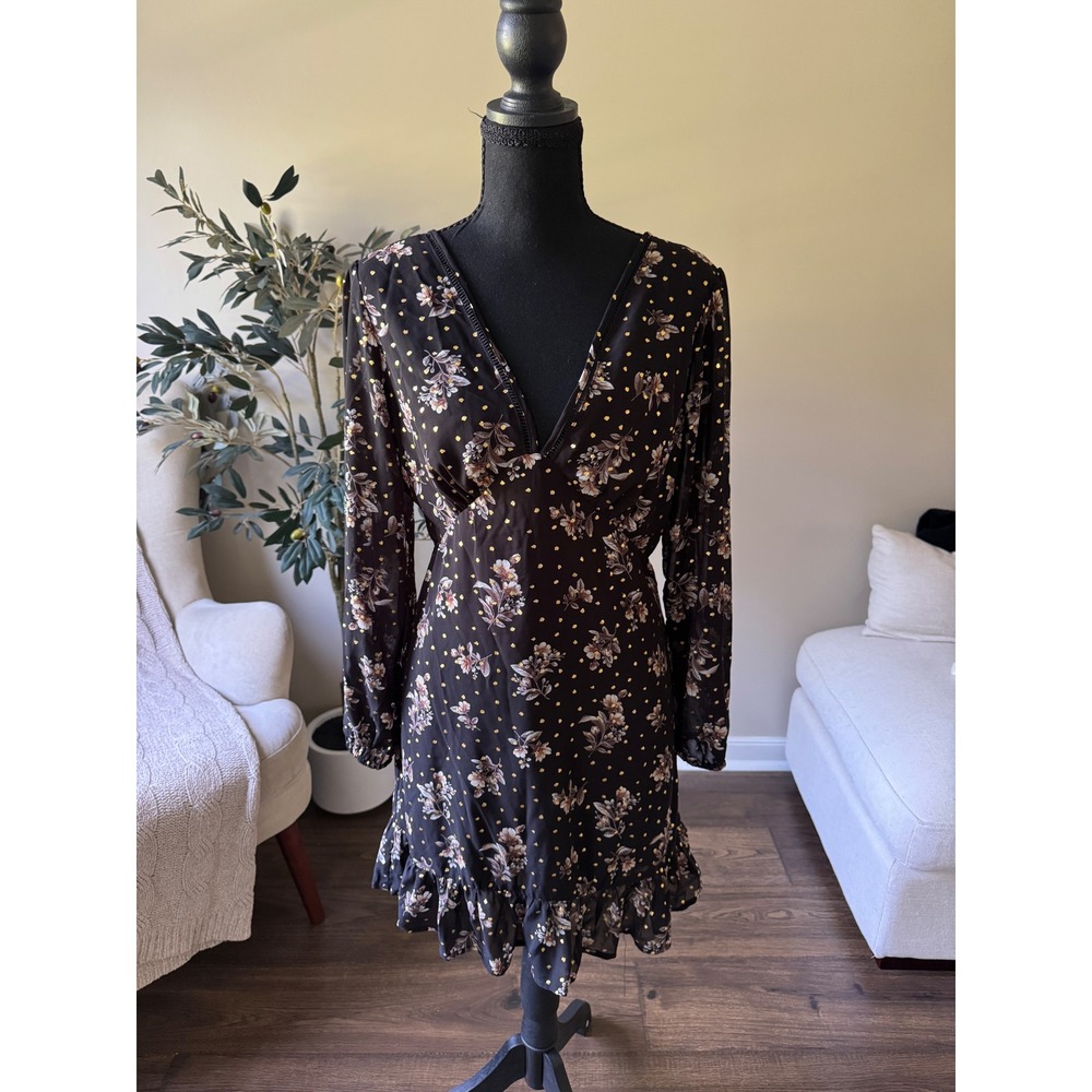 Illa Illa Black Floral Gold Foil Polka Dot Open Back Ruffle Mini Dress Small